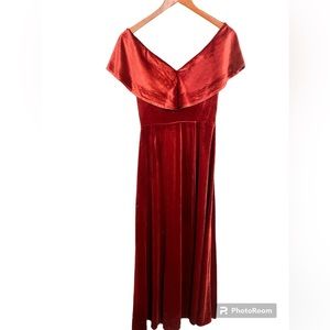 Kendall James Elegant Stretch Velvet Off Shoulder Long Bridesmaid Dress